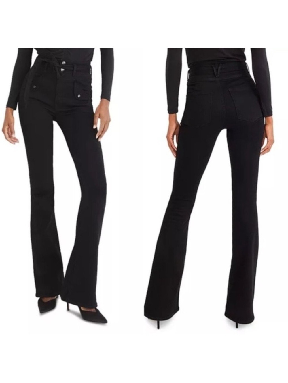 Veronica Beard Giselle Flare Extra High Waist Onyx Black Jeans With Belt Size 26